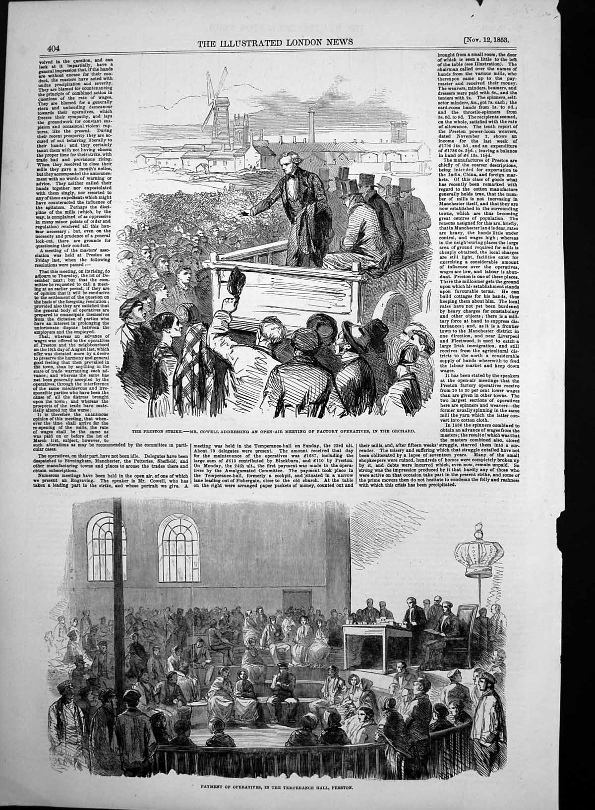 Old Antique Print Preston Strike Factory Operatives Meeting Payment 1853 19th
