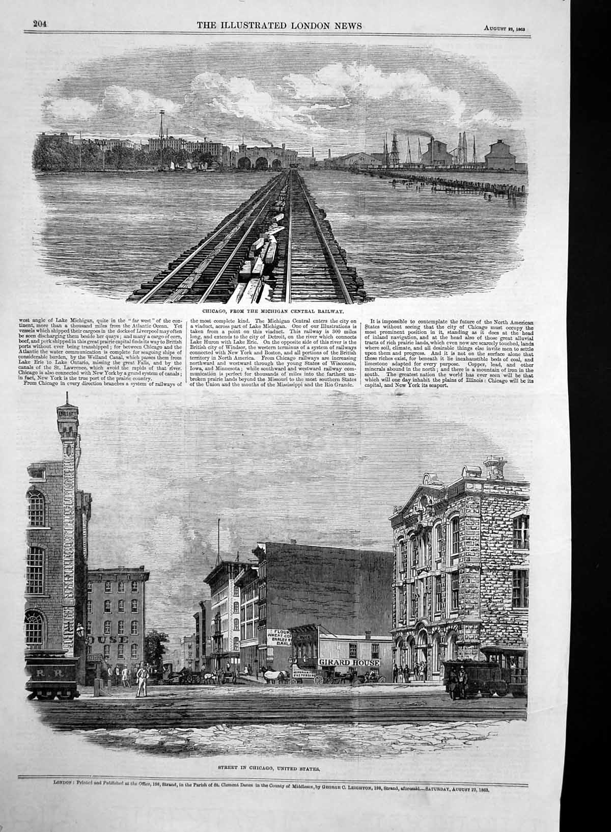 Original Old Antique Print Chicago Street View Michigan Central Railway 1863