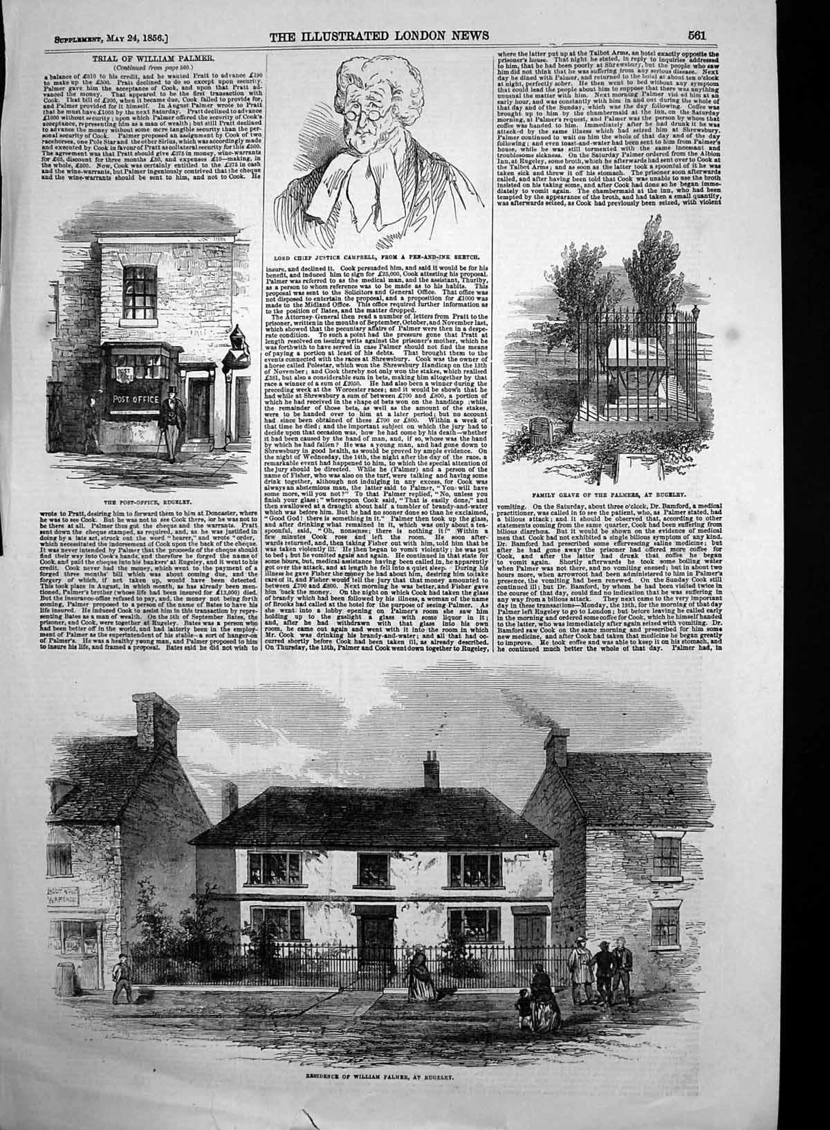 Antique Old Print Residence William Palmer Rugeley Family Grave Post Off 1856