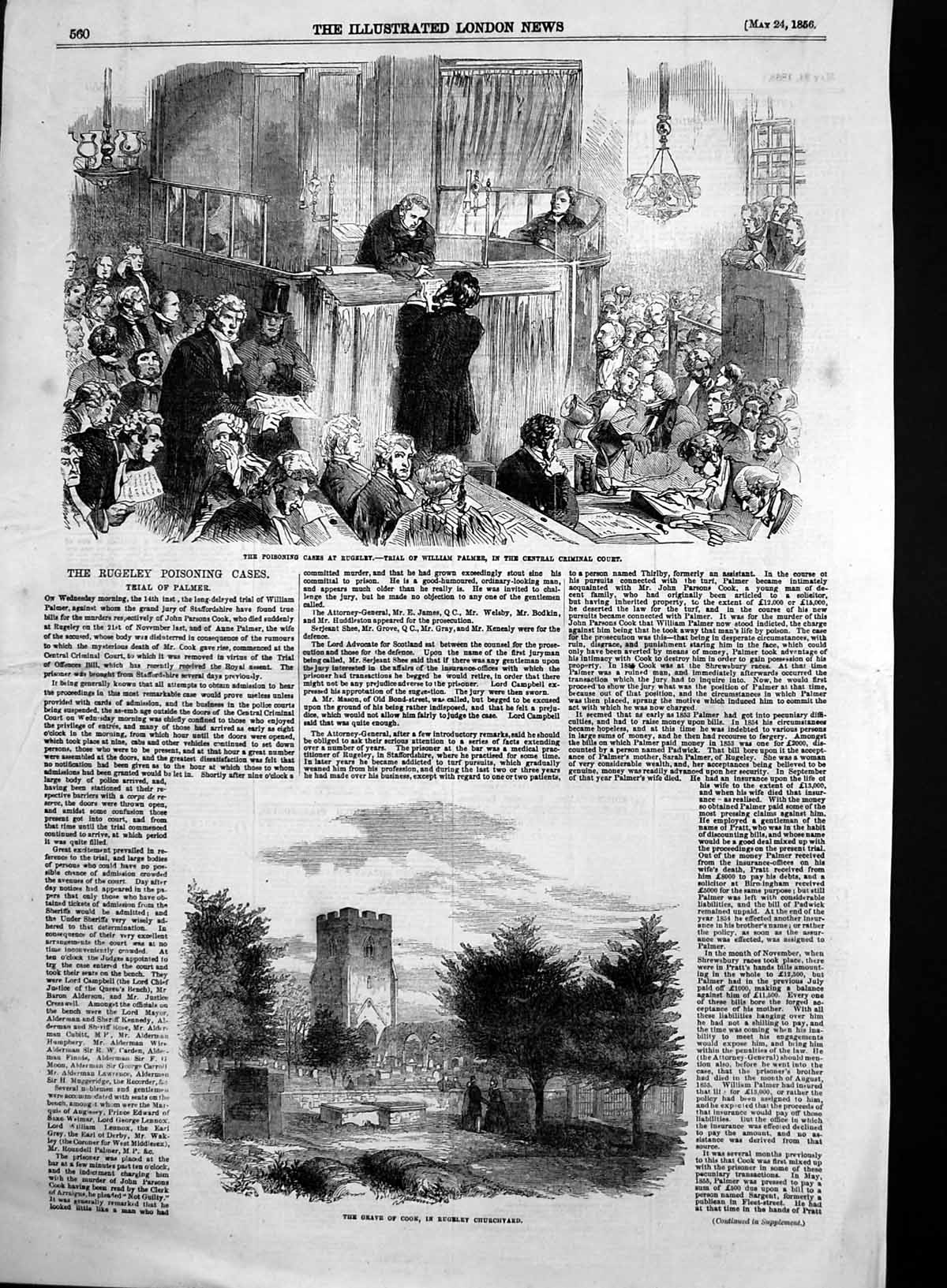 Original Old Antique Print Trial William Palmer Rugeley Cook Grave Rugeley 1856