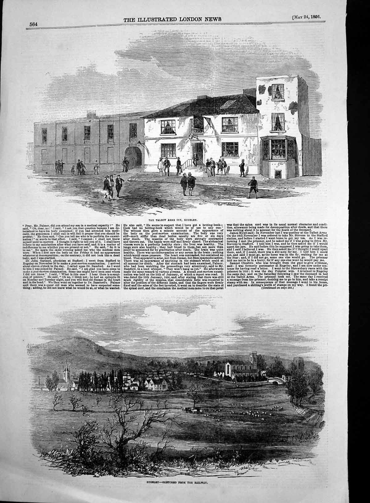 Original Old Antique Print Rugeley From Railway Talbot Arms Inn Rugeley 1856