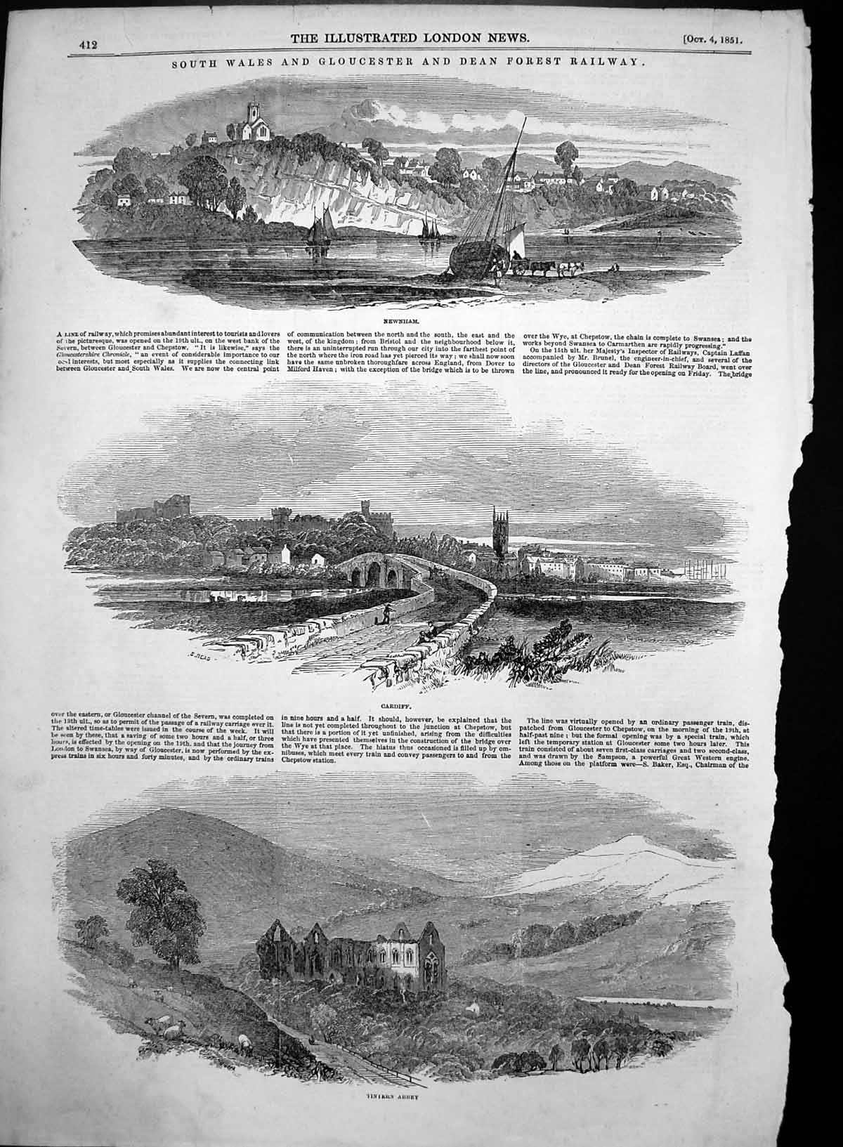 Antique Old Print Tiniern Abbey Cardiff Newnham South Wales Glouchester 1851