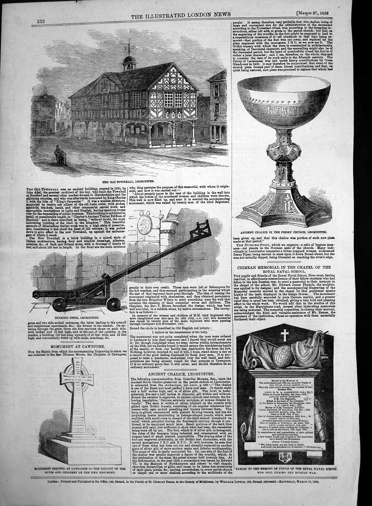 Old Antique Print Townhall Leominster Ducking Stool Ancient Chalice 1858 19th