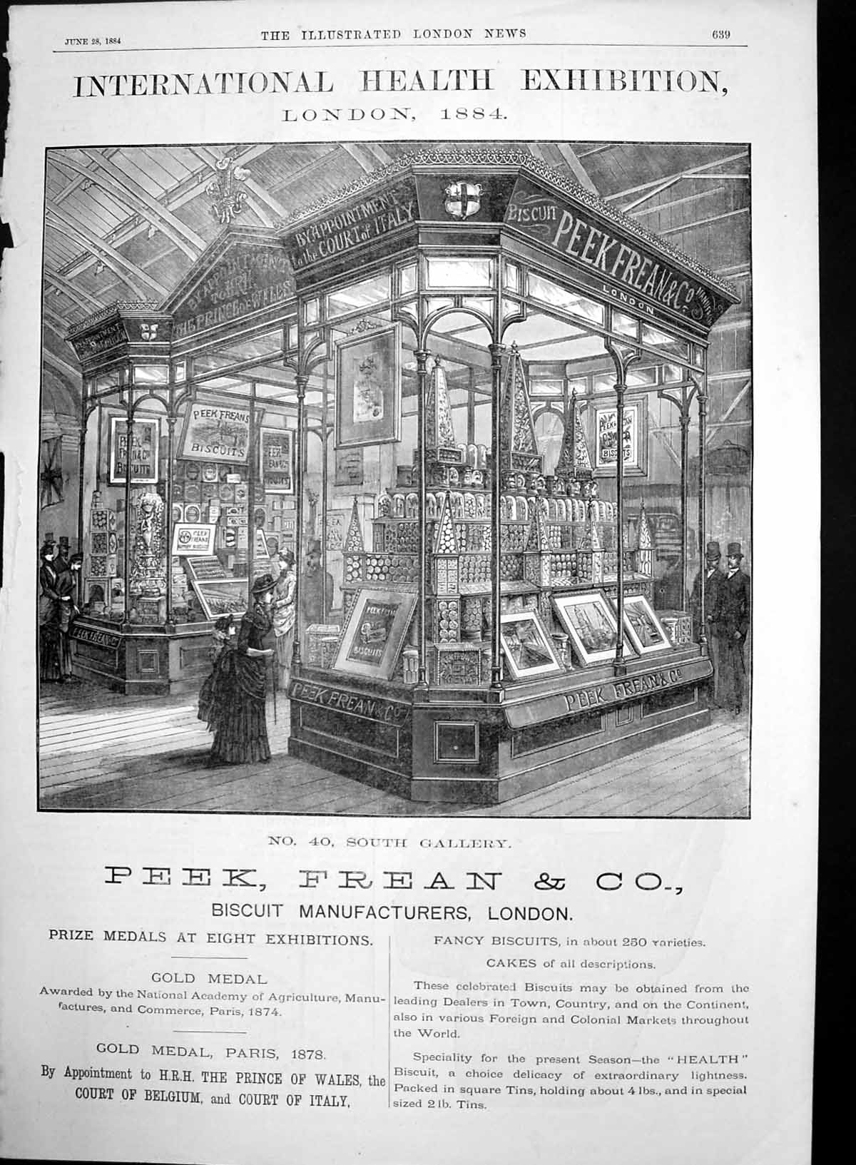 Antique Old Print International Health Exhibition Peak Frean Co Biscuits 1884