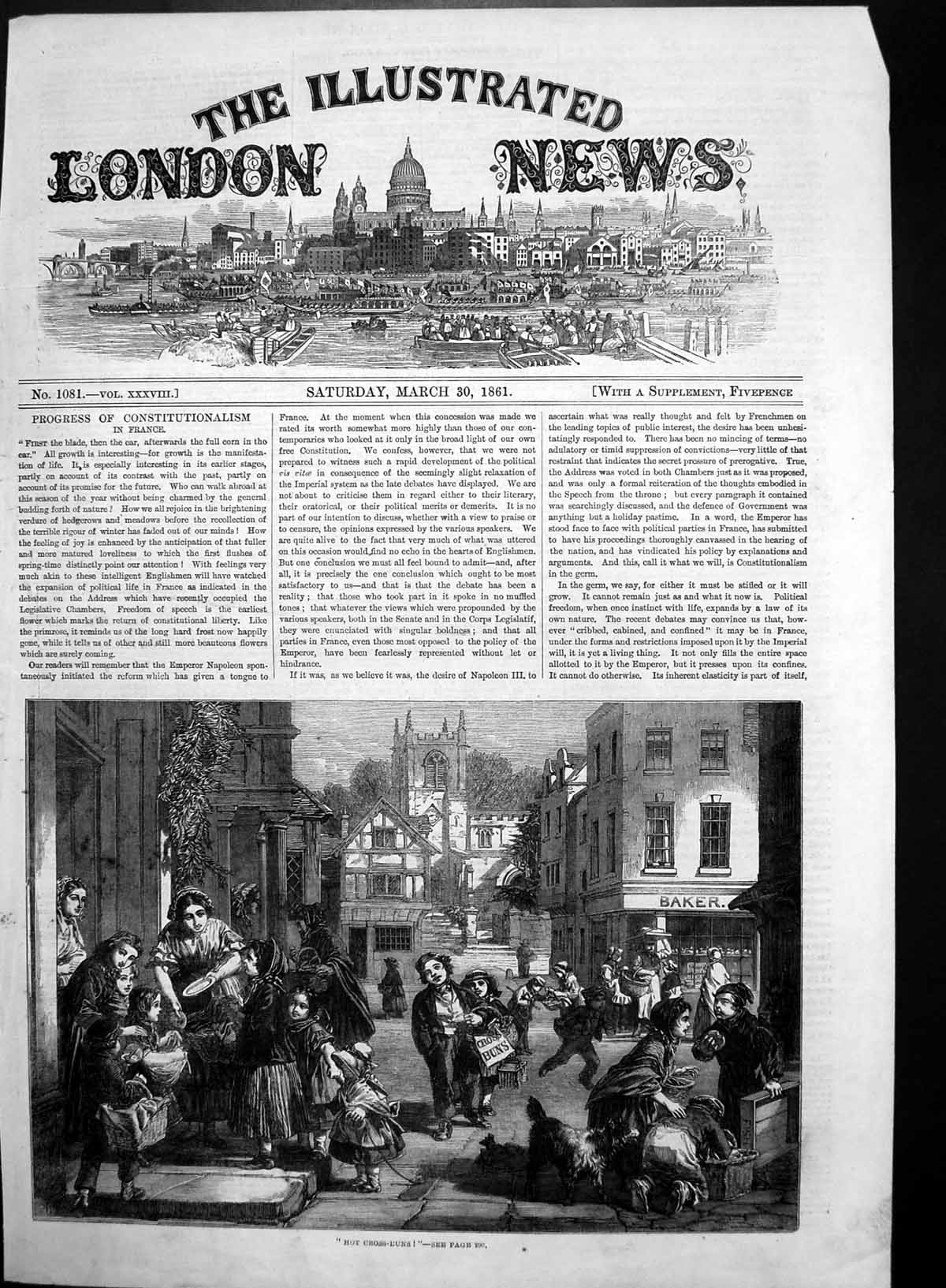 Old Antique Print Hot Cross Buns Street Scene Bakers Church France 1861 19th