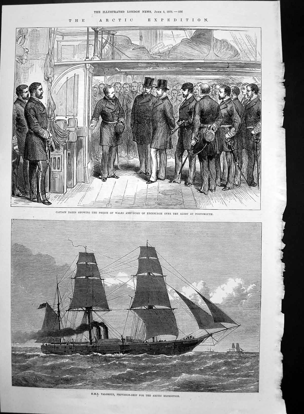 Original Old Antique Print Prince Wales Duke Edinburgh Alert Portsmouth 1875