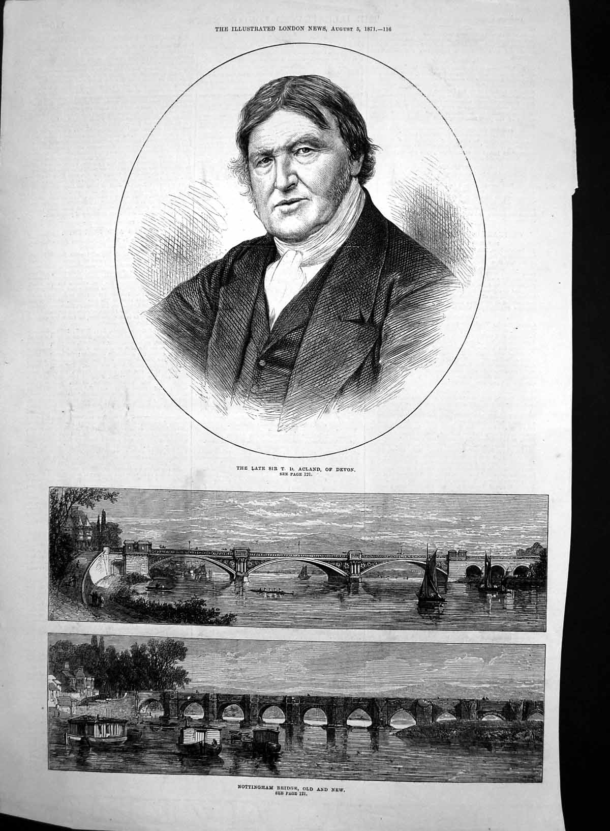 Original Old Antique Print Nottingham Bridge New Late Sir T D Acland Devon 1871