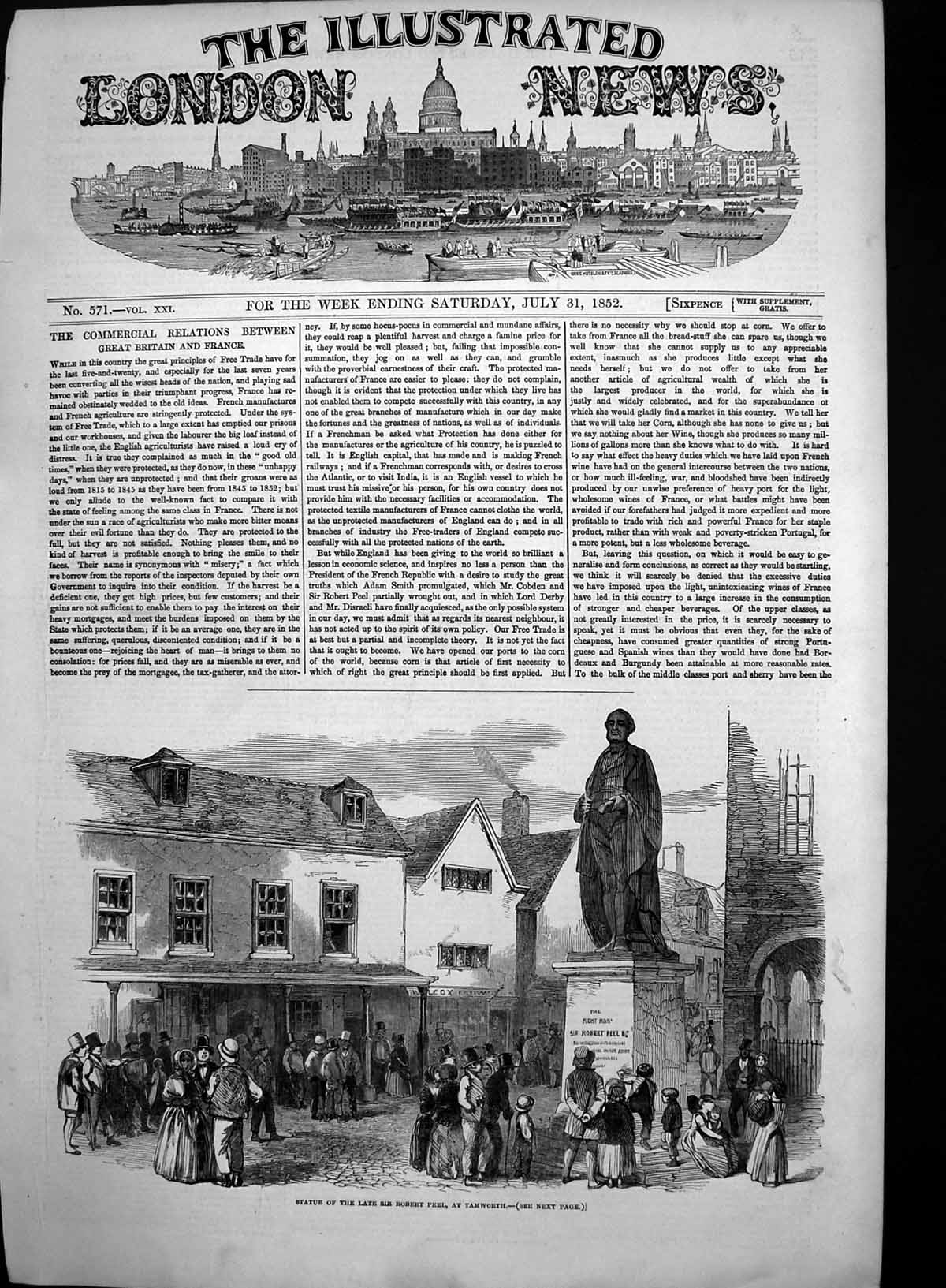 Original Old Antique Print Statue Late Sir Robert Peel Tamworth 1852 Victorian