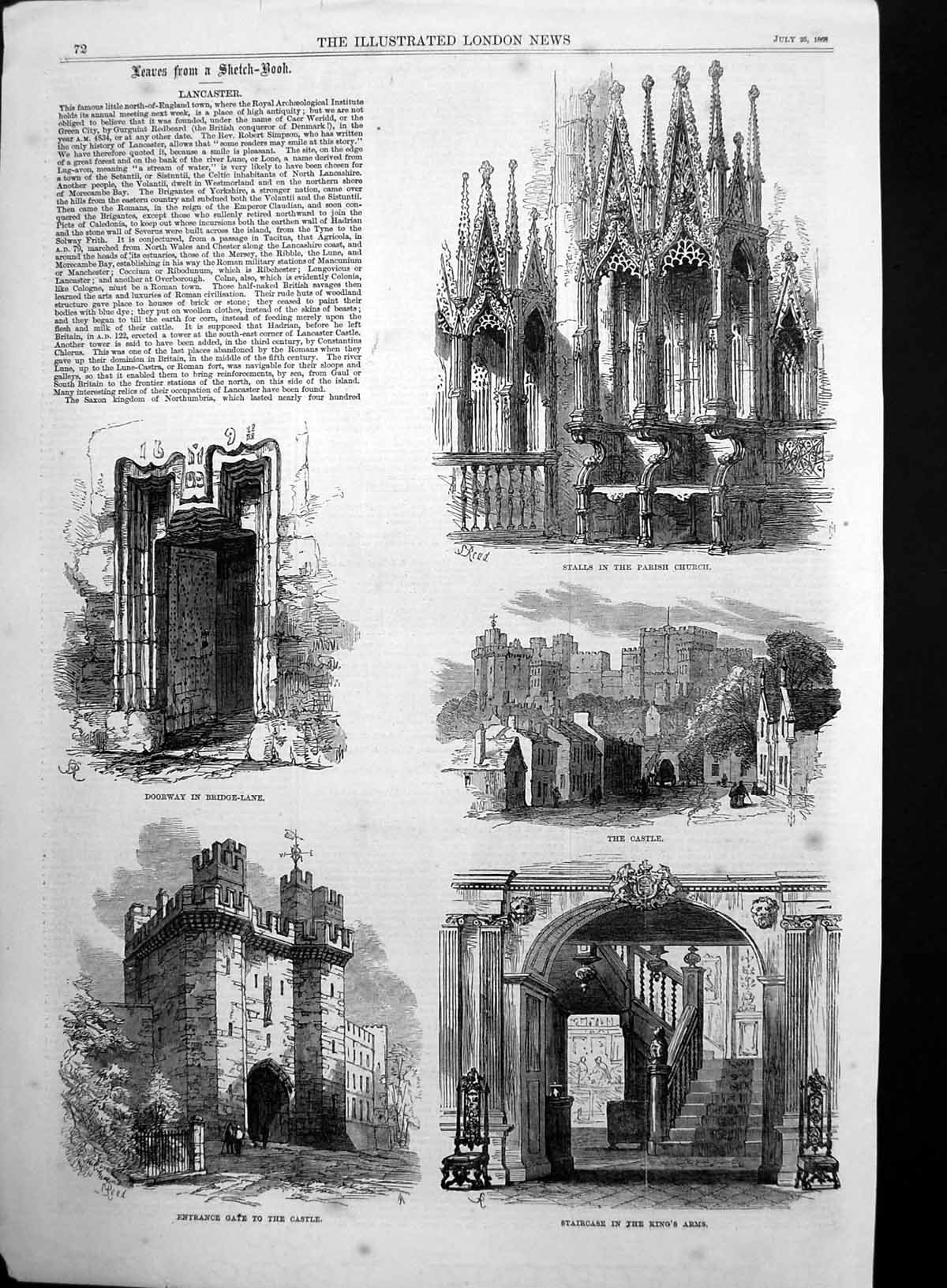 Antique Old Print Lancaster Staircase Kings Arms Castle Parish Church 1868 19th