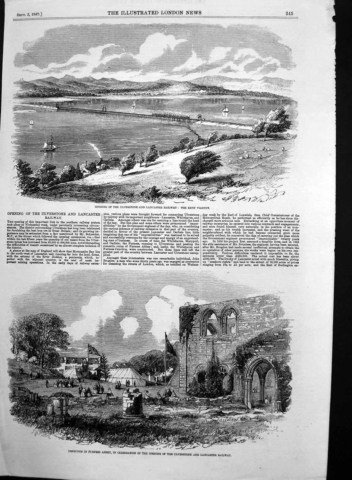 Old Antique Print Opening Ulverstone Lancaster Railway Kent Viaduct 1857 19th