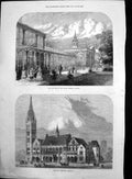 Antique Old Print New Townhall Rochdale Pavilion Public Gardens Buxton 1871
