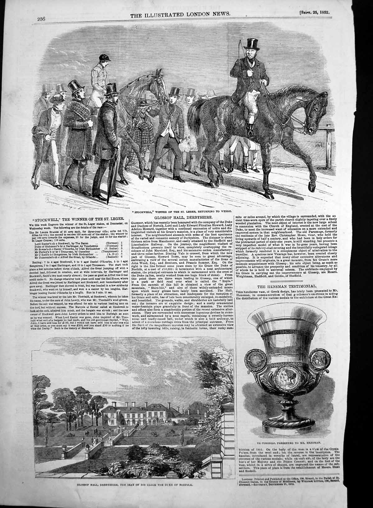 Old Antique Print Glossop Hall Derbyshire Stockwell Winner St Leger 1852 19th