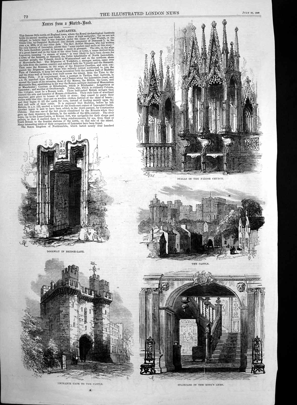 Old Antique Print Doorway Bridge Lane Lancaster Entrance Gate Castle 1868 19th