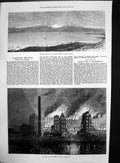 Antique Old Print Burning Cockhedge Mill Warrington Srait Fuca Mt Olympus1872