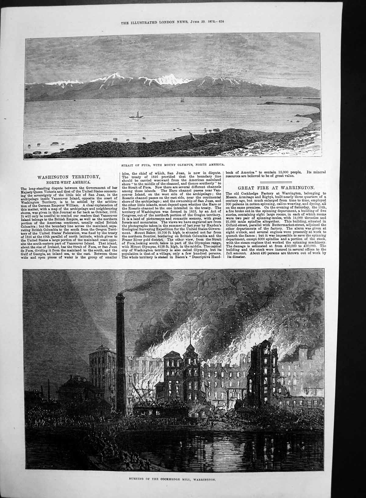 Antique Old Print Burning Cockhedge Mill Warrington Srait Fuca Mt Olympus1872
