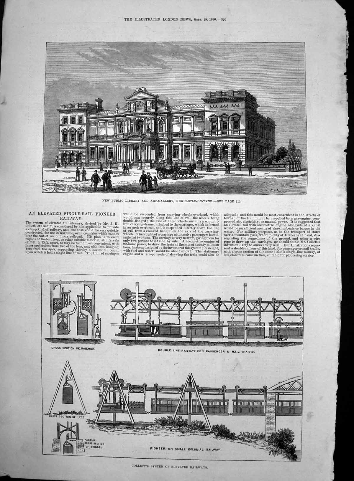 Antique Old Print Colletts System Clonial Railway New Library Newcastle 1880