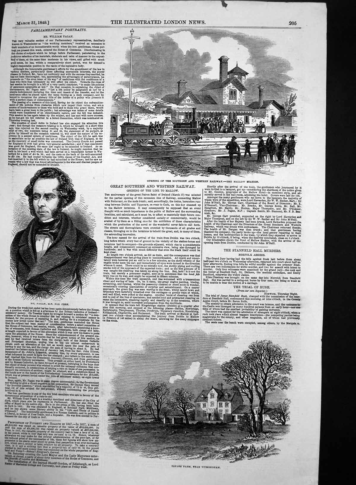 Antique Old Print Potash Farm Wymondham Opening Railway Mallow Station 1849