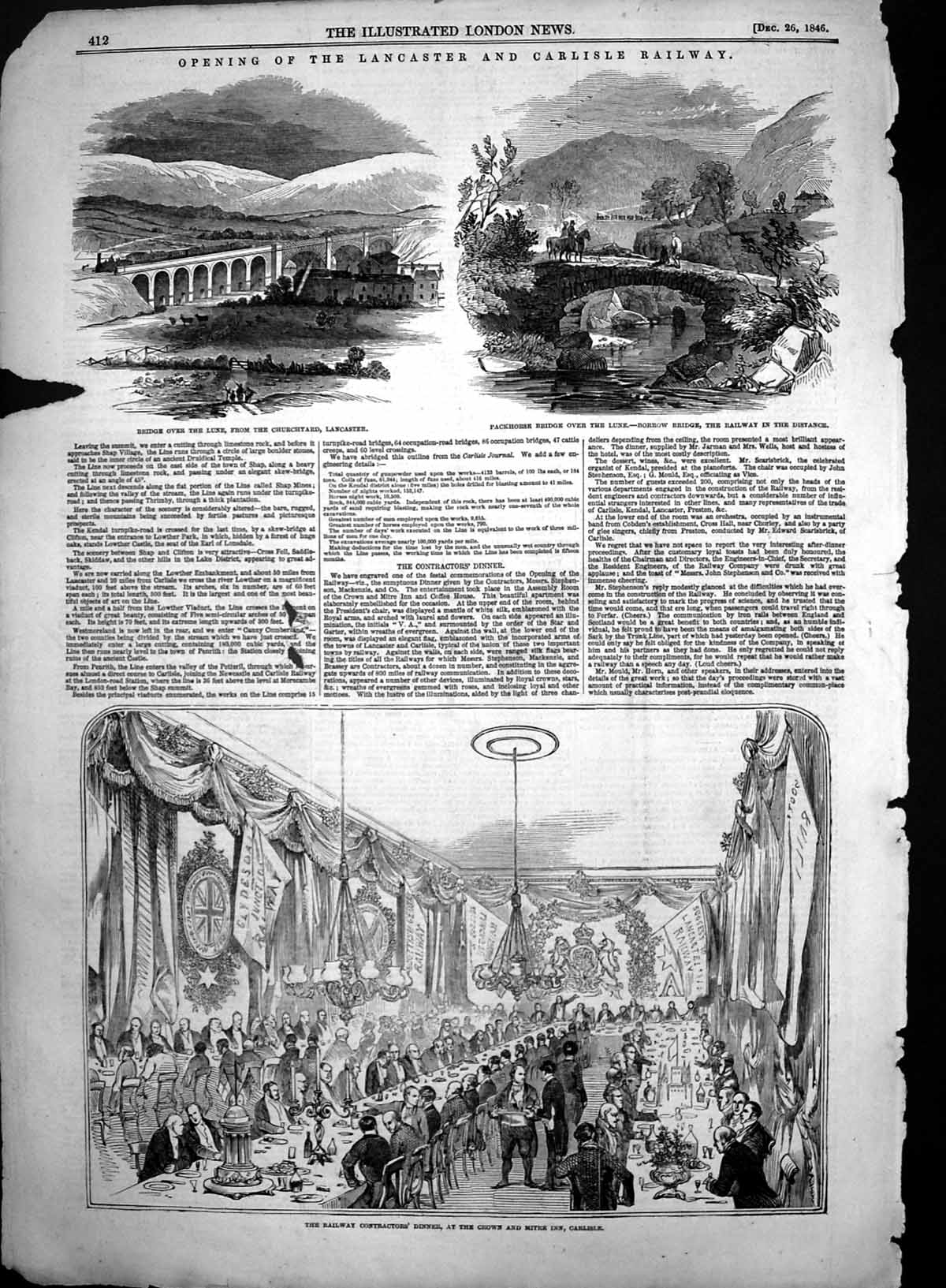 Antique Old Print Opening Lancaster Carlisle Railway Bridge Over Lune 1846 19th