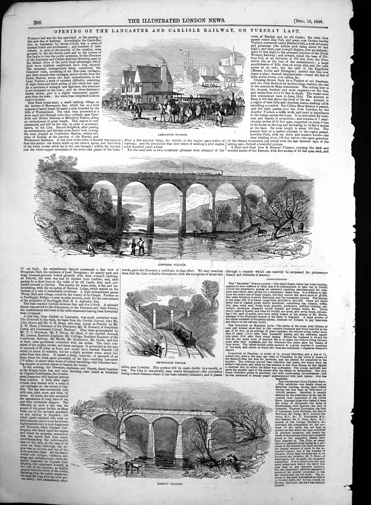 Old Antique Print Lancaster Station Lowther Viaduct Newbiggin Bridge 1846 19th