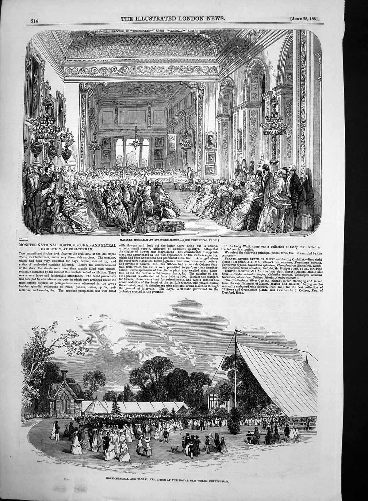 Antique Old Print Musicale Stafford House Floral Exhibition Cheltenham 1851