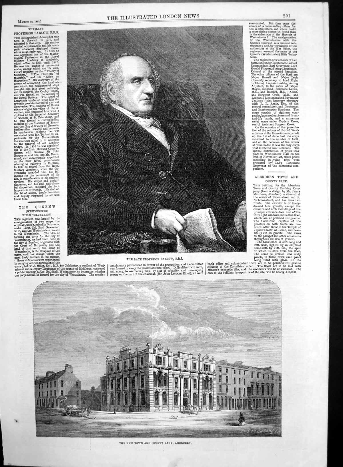 Original Old Antique Print Town County Bank Aberdeen Late Professor Barlow 1862