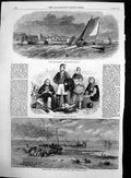 Original Old Antique Print Fishing Boats Dysart Newhaven Pier Fishing Folk 1862