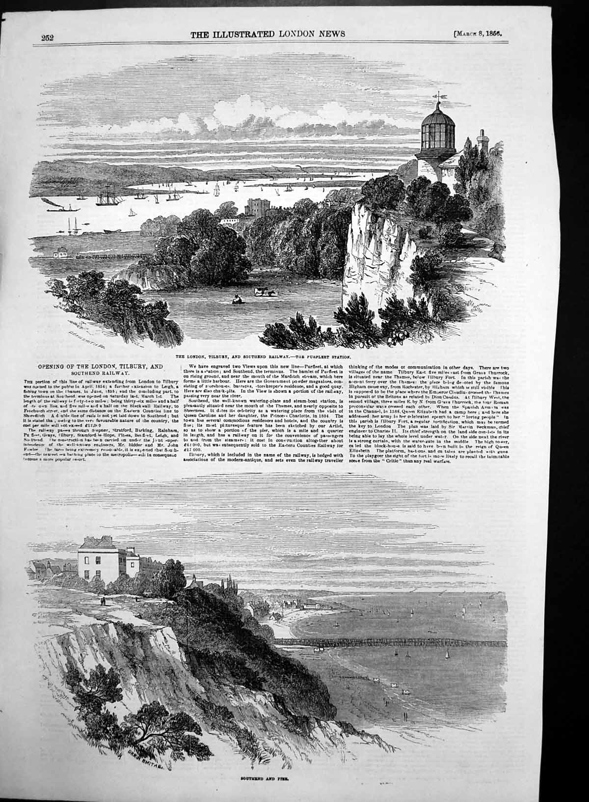 Original Old Antique Print Southend Pier London Tilbury Southend Railway 1856