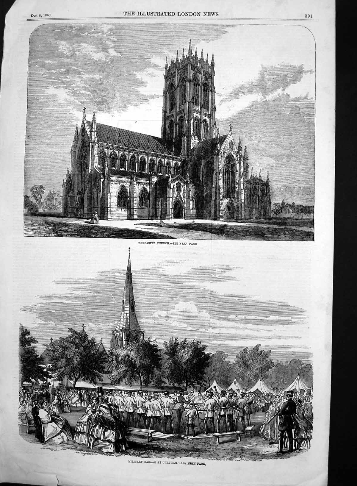 Original Old Antique Print Military Bazaar Chatham Doncaster Church 1858 19th