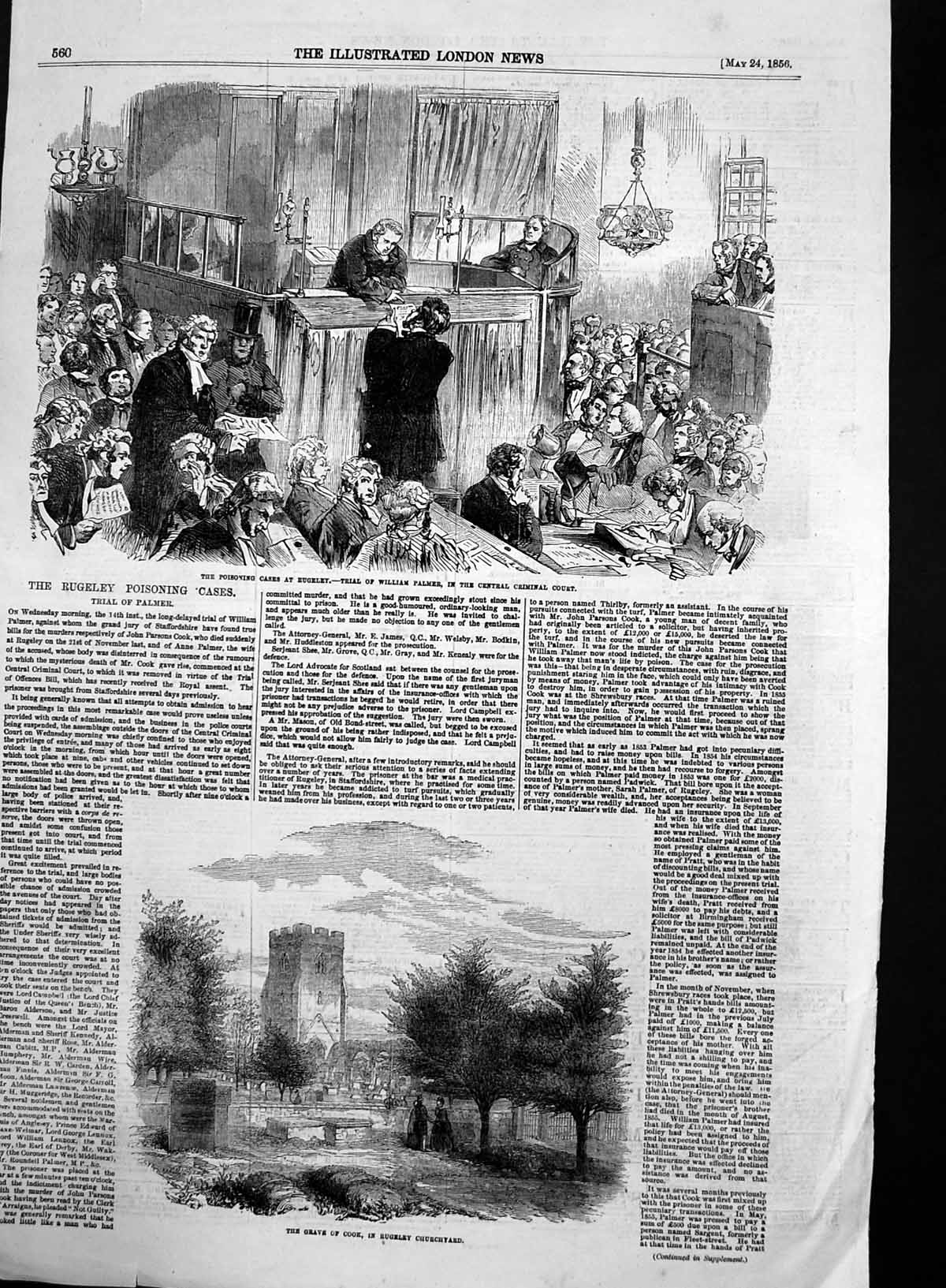 Old Antique Print Cooks Grave Rugely Poisoning Trial William Palmer 1856 19th