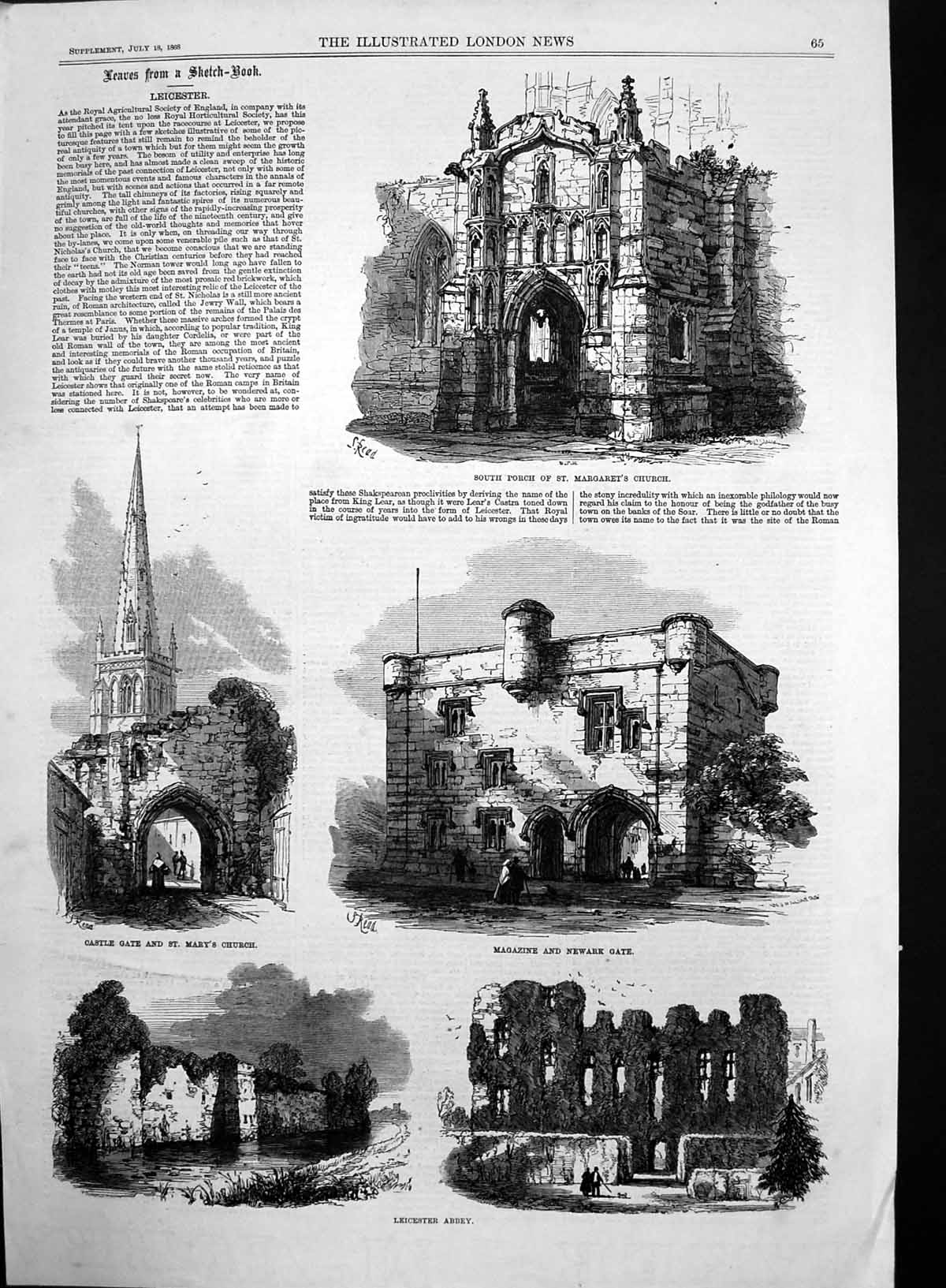 Original Old Antique Print Leicester St Margarets Church Abbey Castle Gate 1868