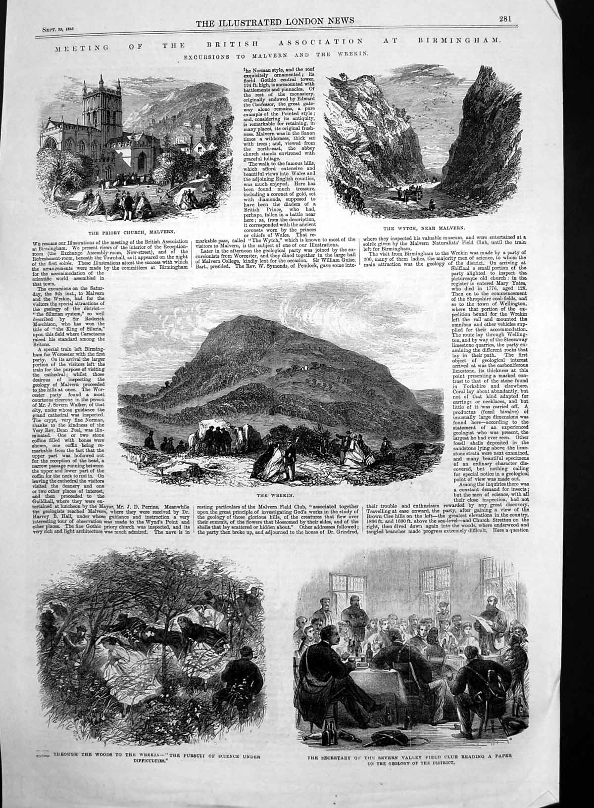 Original Old Antique Print Priory Church Malvern Wytch Wrekin Field Club 1863
