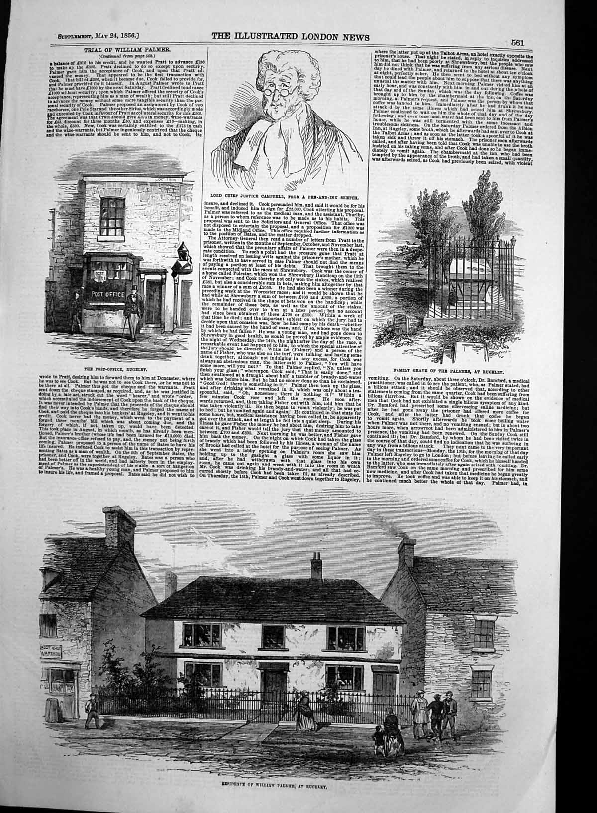 Antique Old Print Rugely Palmers Grave Post Office Residence Wm Palmer 1856