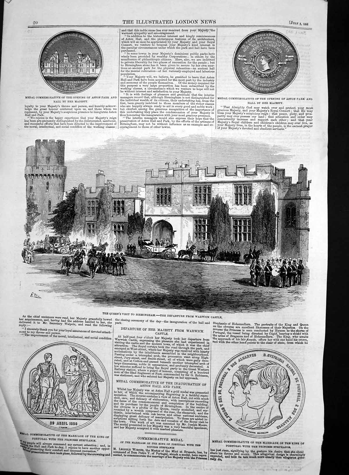 Antique Old Print Queen Warwick Castle Medals Opening Aston Park Hall 1858 19th