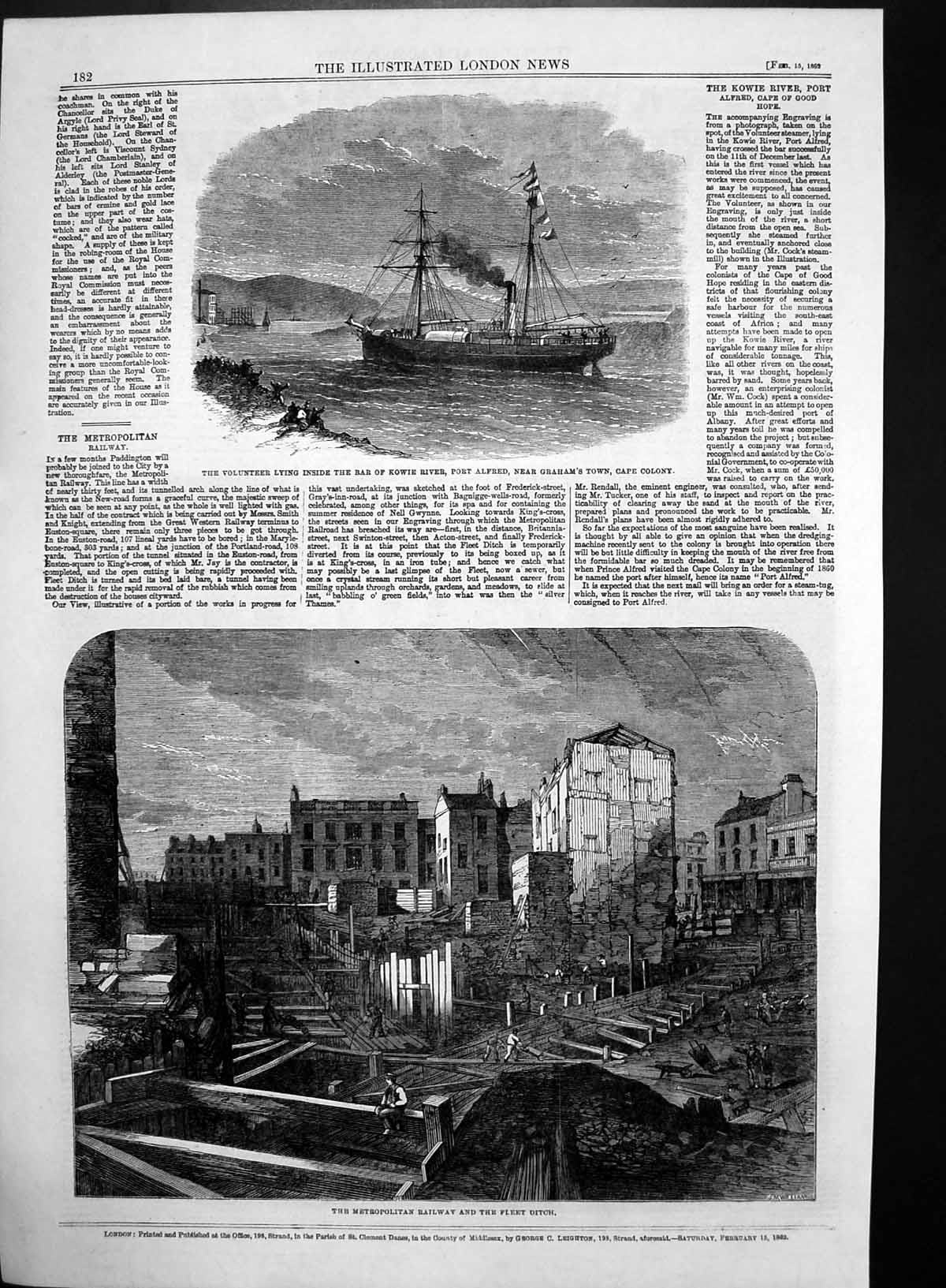 Antique Old Print Metropolitan Railway Fleet Ditch Volunteer Port Alfred 1862