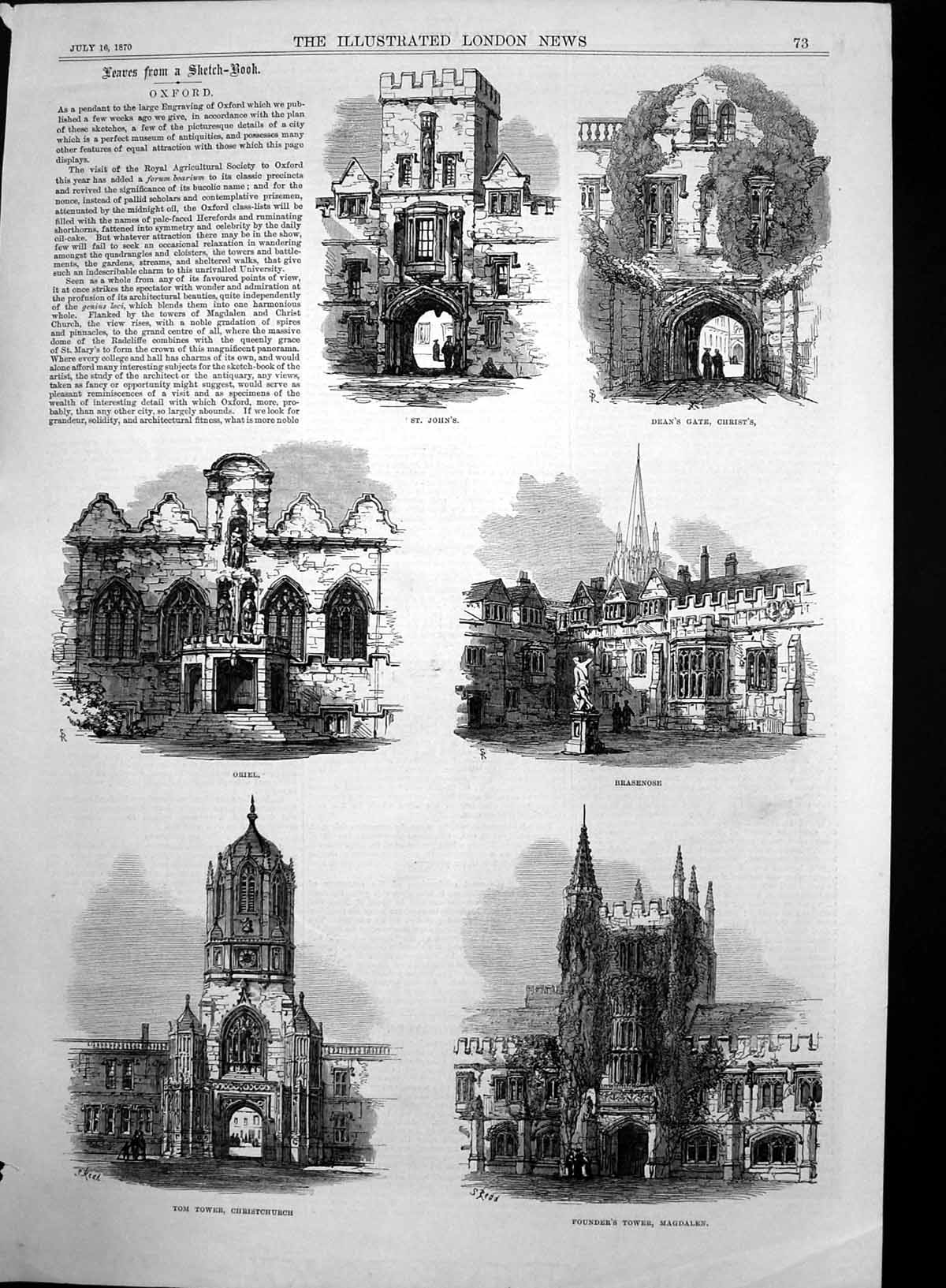 Original Old Antique Print Tom Tower Christchurch Founders Tower Magdalen 1870