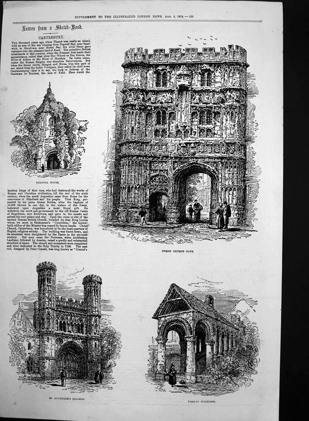 Antique Old Print Canterbury Christ Church Gate St Augustines College 1874 19th