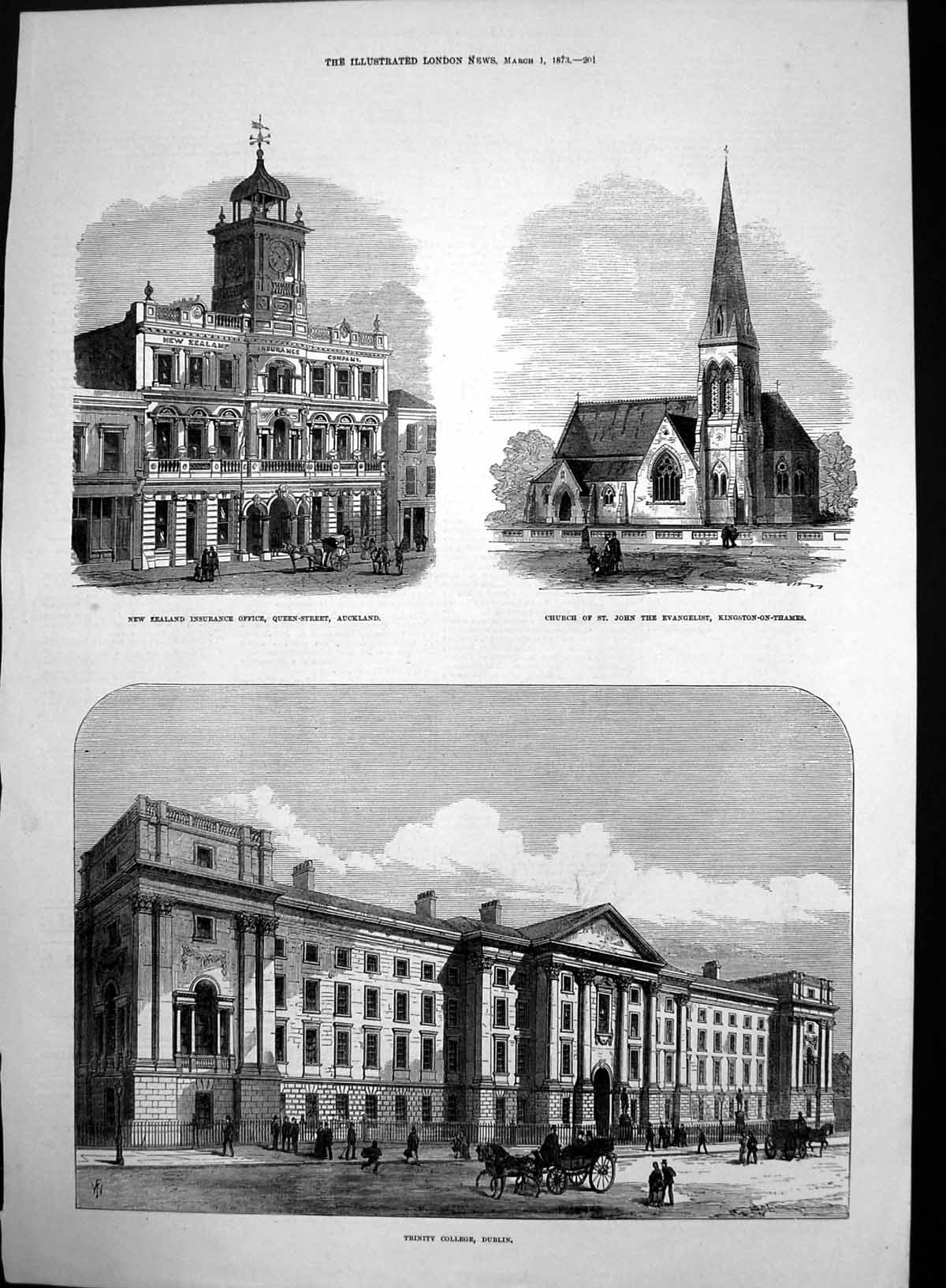 Antique Print Trinity College Dublin New Zealand Insurance Office Auck 1873