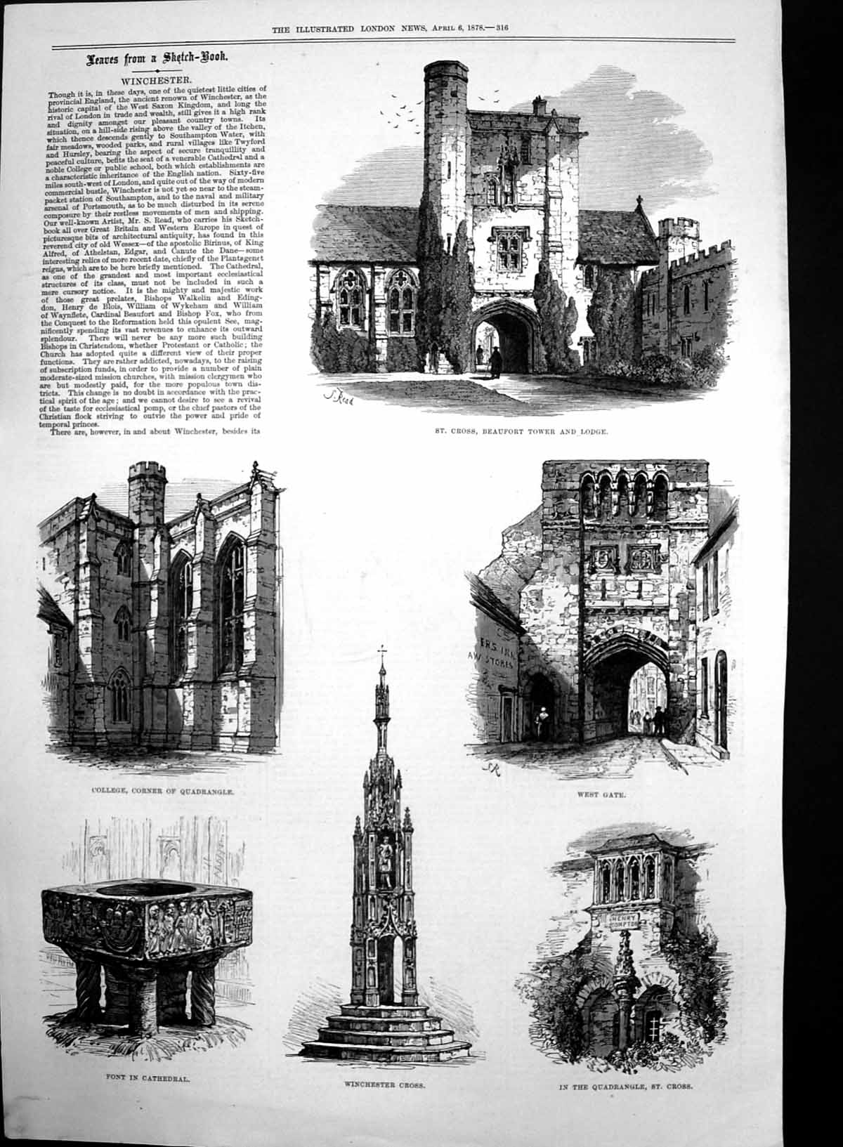 Original Old Antique Print Winchester Cross St Cross Beaufort Tower Lodge 1878