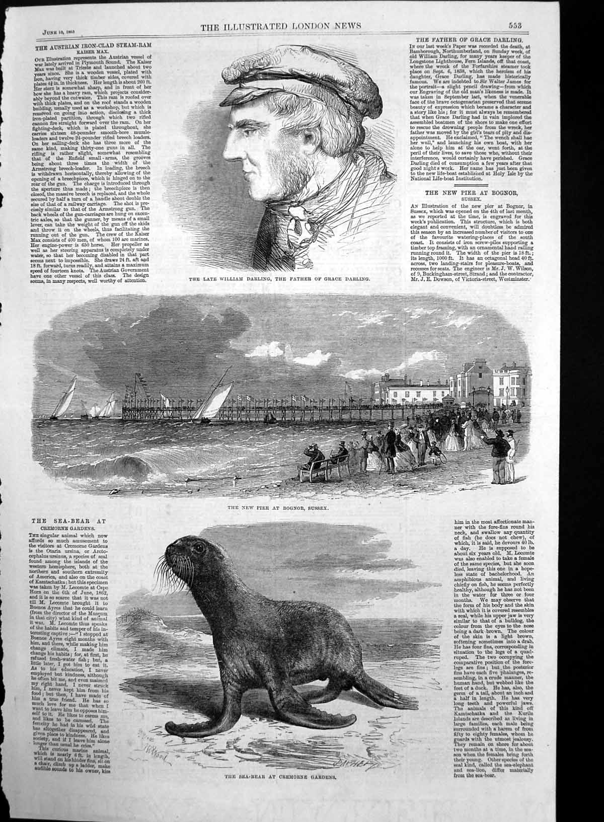 Antique Old Print New Pier Bognor Sea Bear Cremorne Gardens Wm Darling 1865