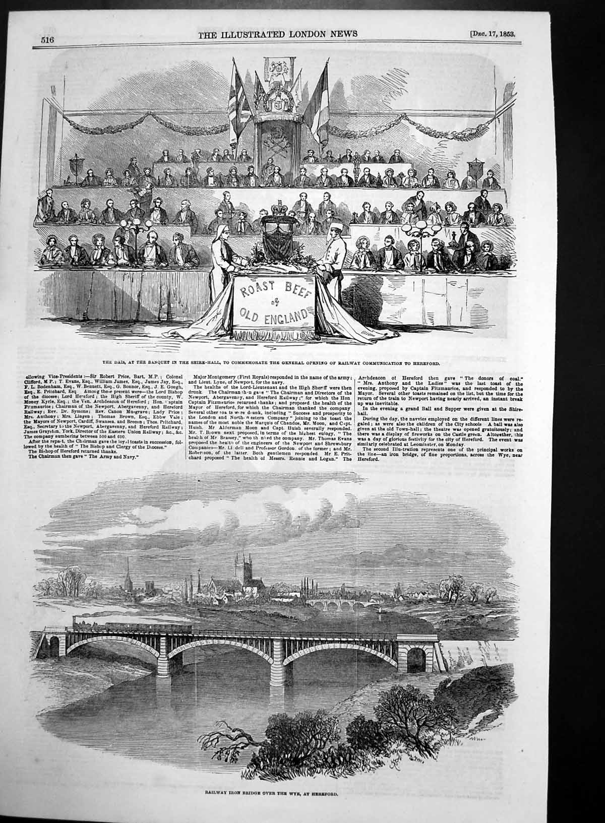 Old Antique Print Banquet Opening Railway Heresford Bridge Over Wye 1853 19th