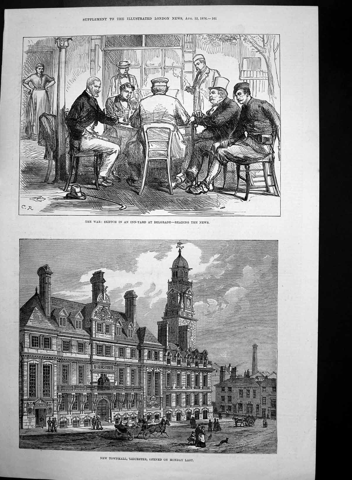 Antique Old Print New Townhall Leicester Inn-Yard Belgrade Reading News 1876