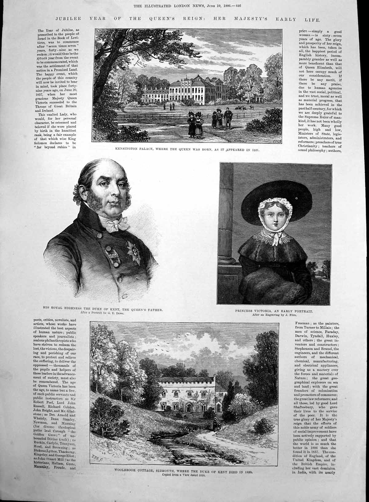 Antique Old Print Kensington Palace Princess Victoria Woolbrook Sidmouth 1886