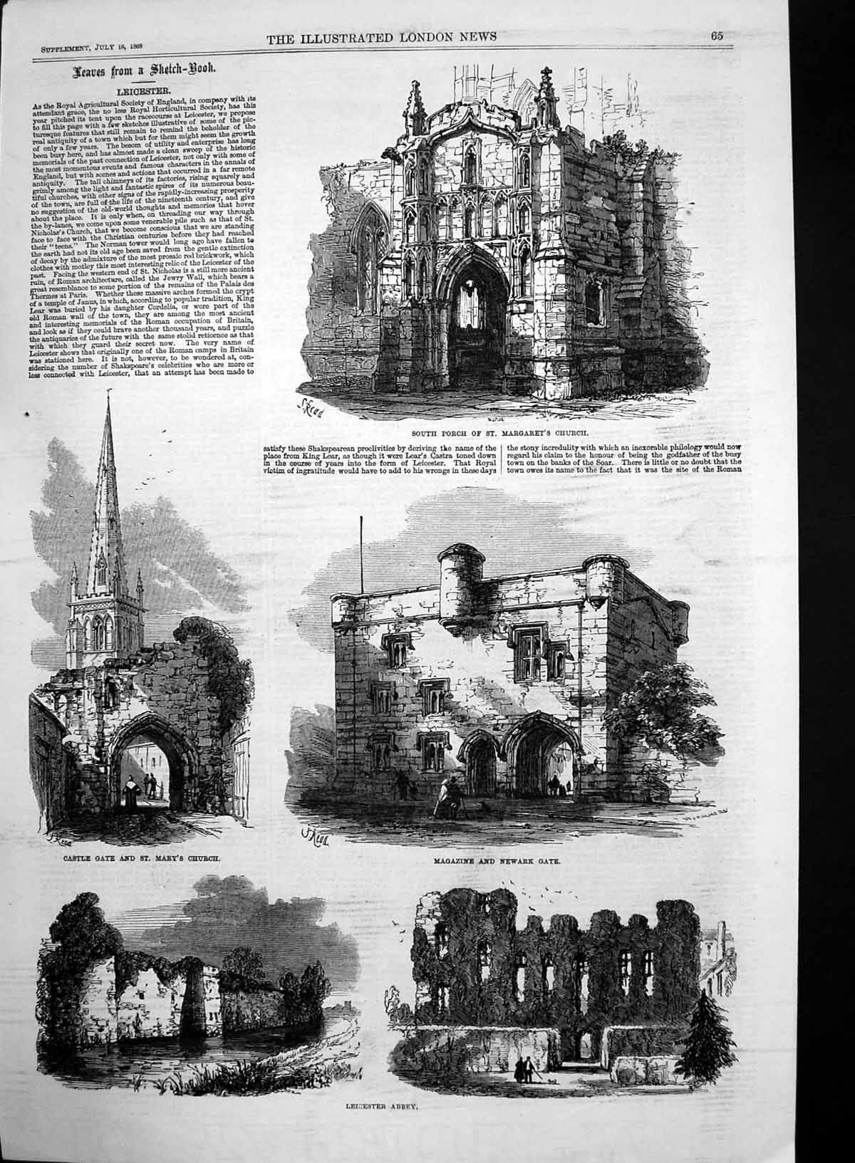 Original Old Antique Print Leicester Abbey St Margarets Church Newark Gate 1868