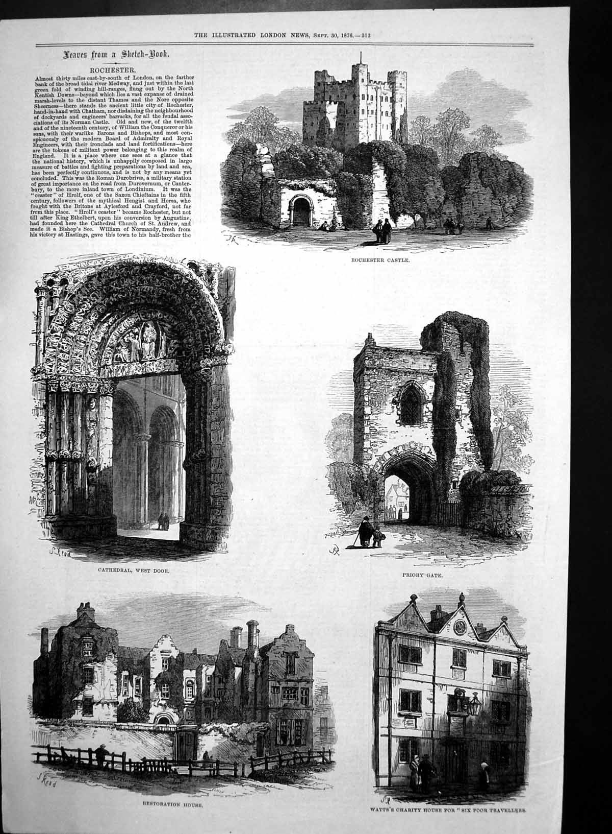 Old Antique Print Rochester Cathedral Castle Priory Gate Watts House 1876 19th