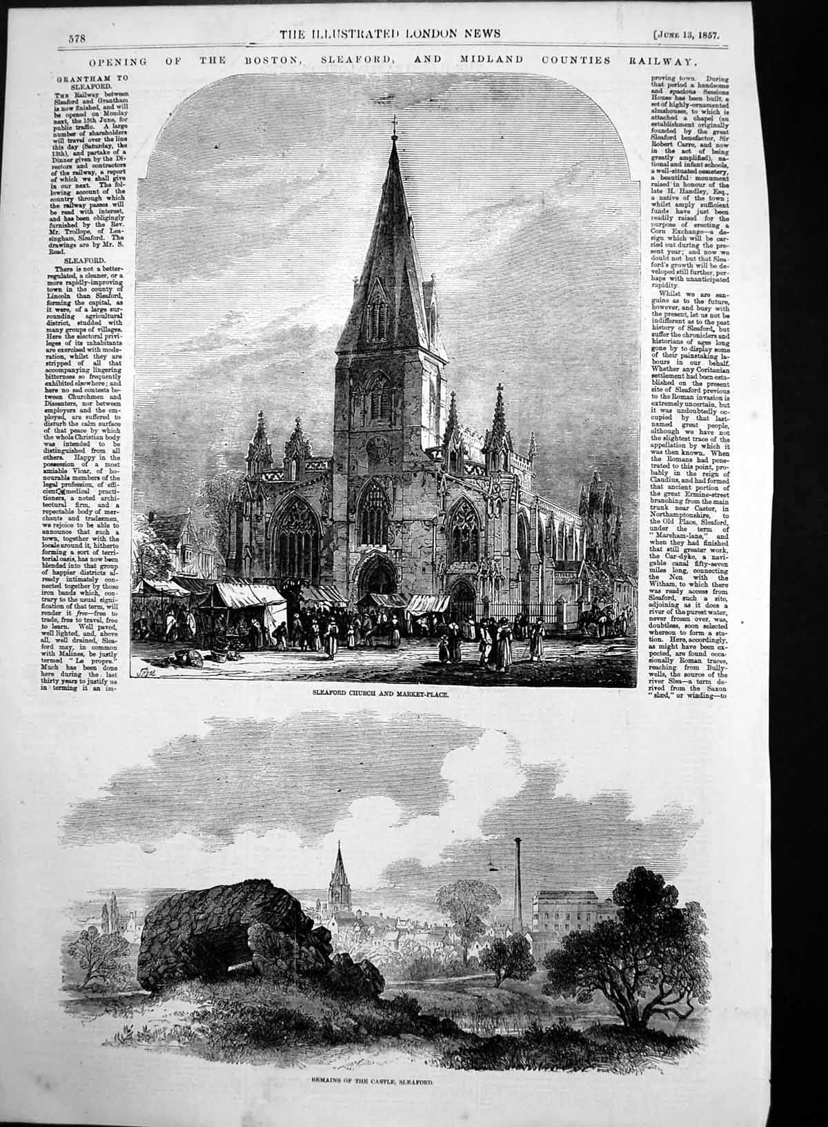 Original Old Antique Print Remains Castle Sleaford Church Market-Place 1857
