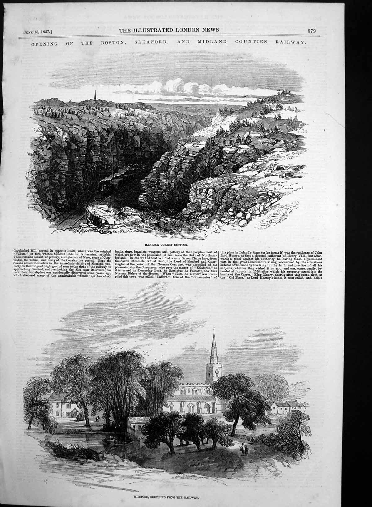 Old Antique Print Hanbeck Quarry Cutting Wilsford Midland Counties 1857 19th