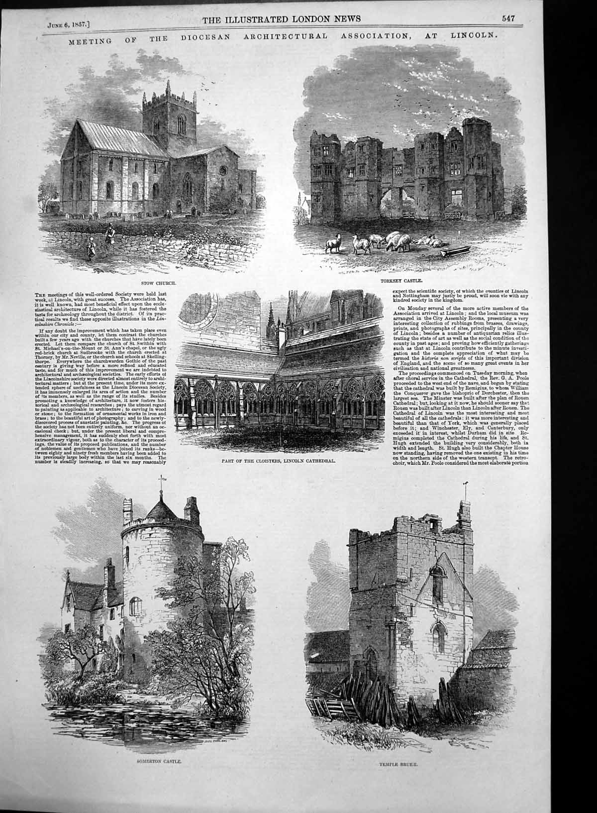Antique Old Print Cloisters Lincoln Cathedral Stow Church Somerton Castl1857