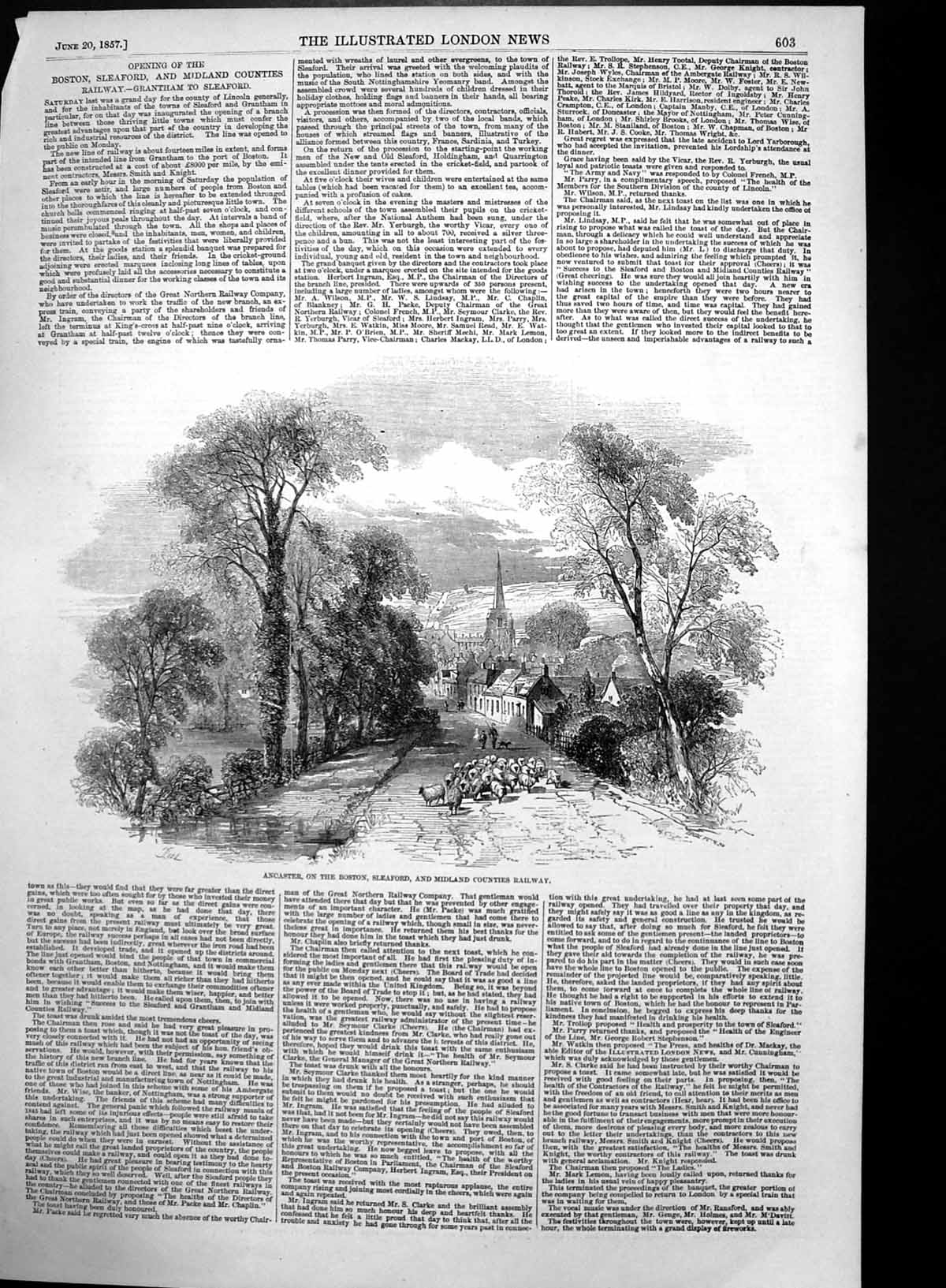 Original Old Antique Print Ancaster Boston Sleaford Midland Counties Line 1857