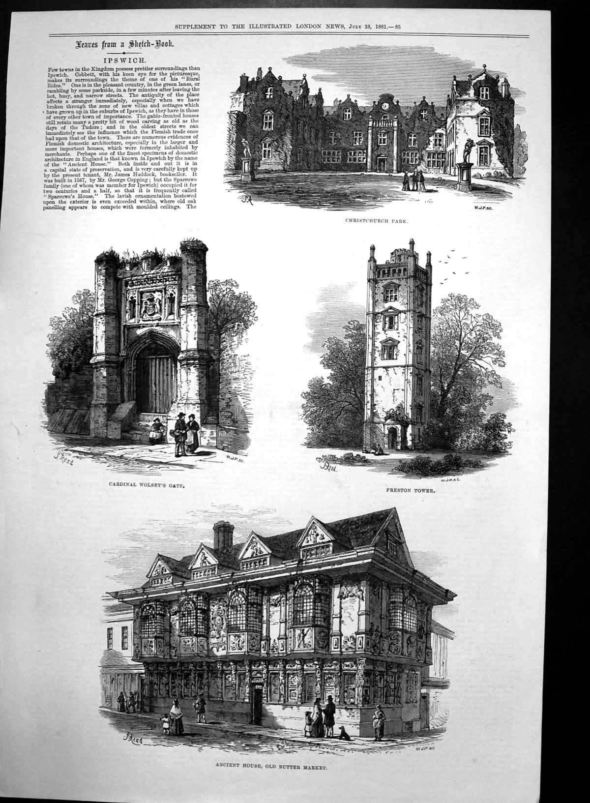 Original Old Antique Print Ipswich Christchurch Park Cardinal Wolseys Gate 1881