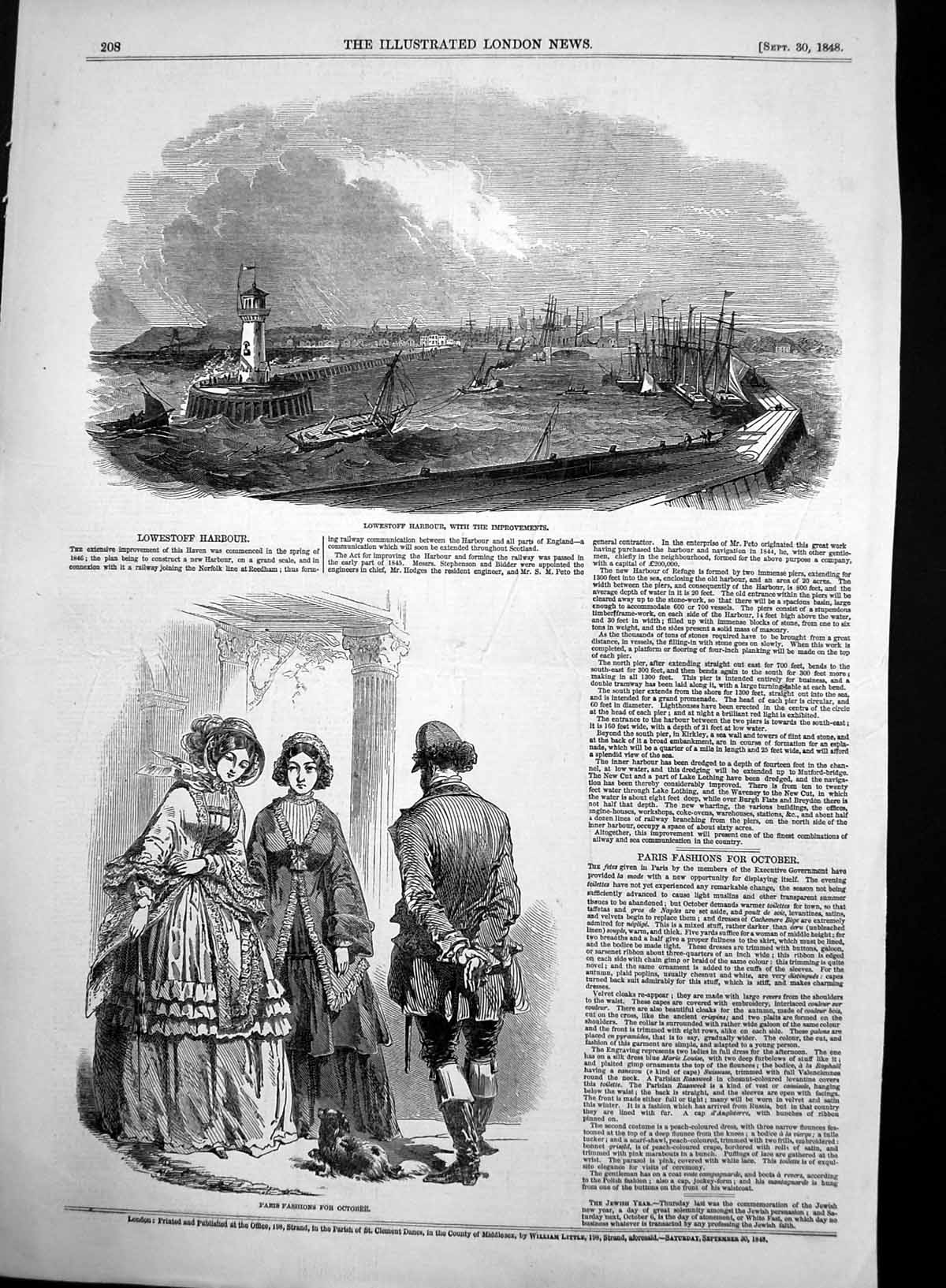 Antique Old Print Lowestoff Harbour Improvements Paris Fashions October1848